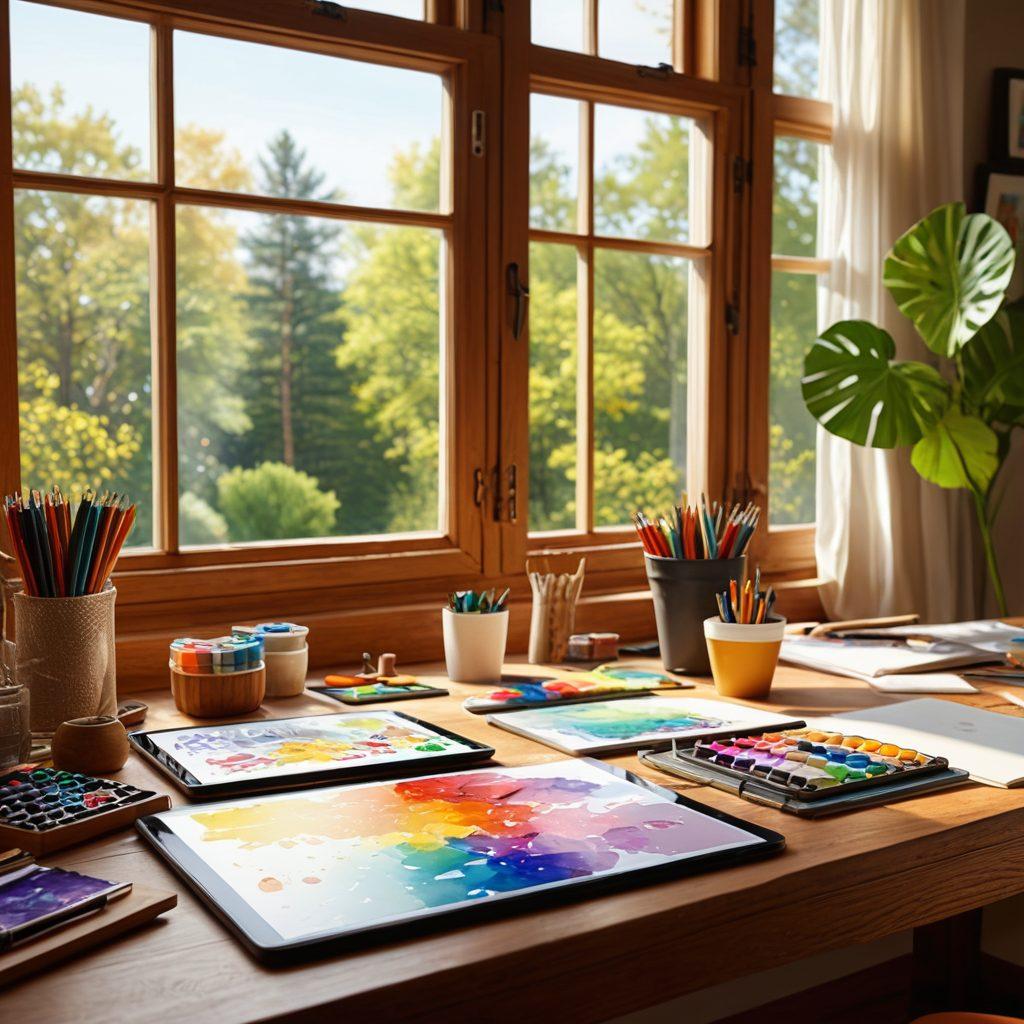 A vibrant workspace filled with colorful art supplies, digital tablets, and sketches scattered around a wooden desk, showcasing a blend of traditional and modern design elements. In the background, a window reveals a serene outdoor view that inspires creativity, while soft sunlight spills across the scene. A creative professional, diverse in appearance, is seen brainstorming ideas with passion. The atmosphere should radiate creativity and inspiration. super-realistic. vibrant colors. natural light.