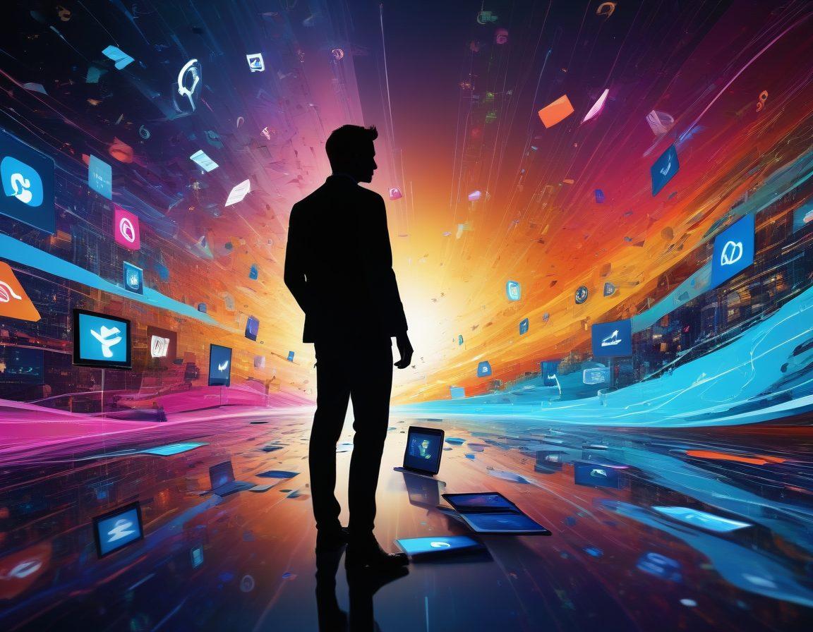 A vibrant digital landscape filled with creative tools like graphic tablets, coding elements, and social media icons floating around, with a silhouette of an entrepreneur navigating through it, surrounded by bright, swirling abstract patterns symbolizing innovation and trends. super-realistic. vibrant colors. 3D.